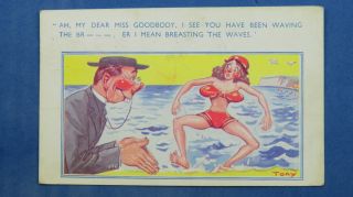 Risque Comic Postcard 1950s Big Boobs Swimming Vicar Breasting The Waves