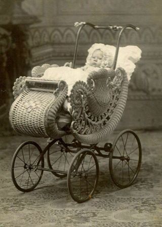 Antique Cabinet Photo (trimmed) Baby W Bonnet In Fabulous Wicker Pram Carriage