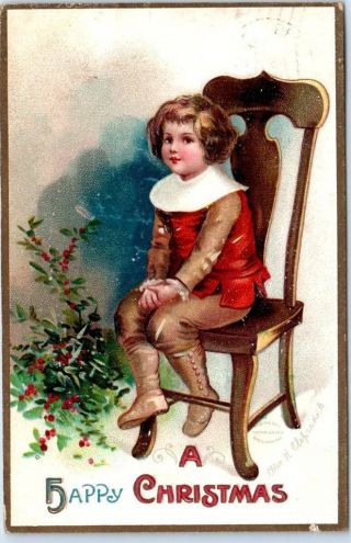 Vintage Artist - Signed Clapsaddle Postcard Boy On Chair " A Happy Christmas " 1909