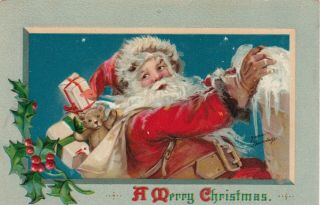 As; Frances Brundage,  1900 - 10s; Christmas,  Santa Claus,  Teddy Bear,  Holly