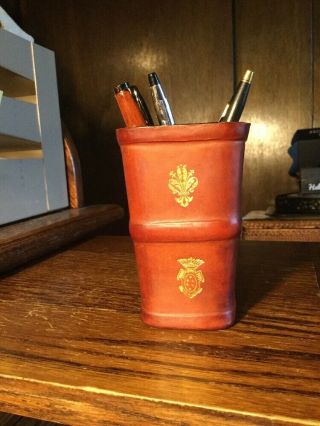 Vintage Leather School Italy Brown Gold Trim Desk Pencil Pen Dice Cup Holder