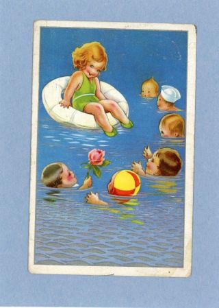 Children Vintage Postcard - Swimming Kids