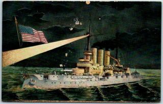 Vintage Wwi 1910s Postcard Us Navy Ship / Spotlight & U.  S.  Flag -