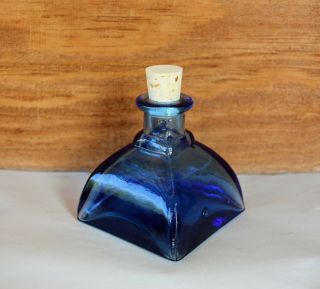 Vintage? Cobalt Blue Glass Inkwell Jar Shapely Design Square Bottom Air Bubble