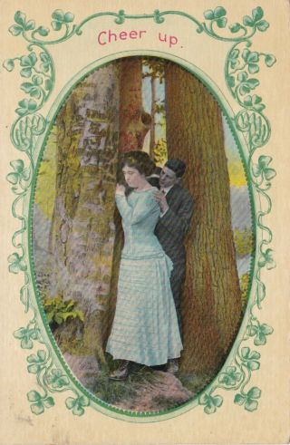 Cranston,  Ri,  Thornton Postmark,  1912,  " Cheer Up " Sad Woman W.  Man Comforting Her
