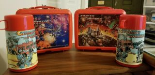 Vintage 1984 And 1986 Transformers Red Plastic Lunch Box With Thermos - Usa