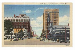 Vintage Kentucky Linen Postcard Broadway Looking East Louisville Greyhound Bus