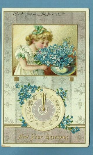 Year Embossed Pc/ Little Girl Smelling Forget Me Not Flowers/clock/gilded