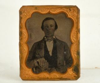 Antique Tintype Photograph Of Well Dressed Man In Suit & Bow Tie Gold Framed