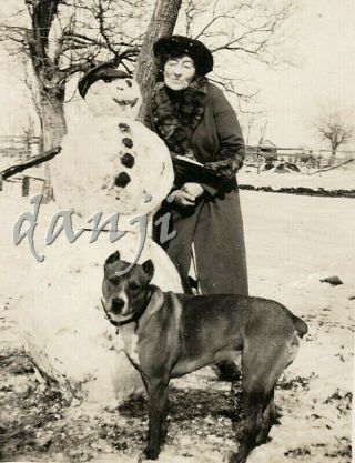 Grandma And Pit Bull Dog " Beecher " Next To A Snowman Old Photo