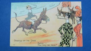 Vintage Comic Postcard 1910s Seaside Donkey Donkeys On The Sand Puzzle How Many