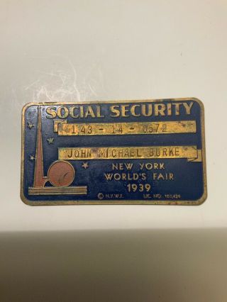 Vintage 1939 York World’s Fair Metal Copper Social Security Card