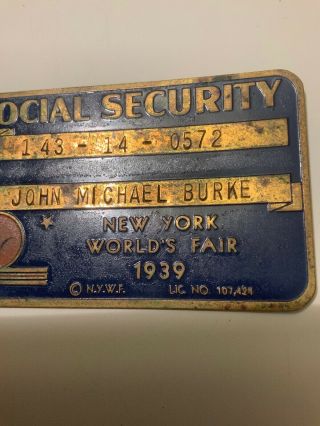 Vintage 1939 York World’s Fair Metal Copper Social Security Card 4