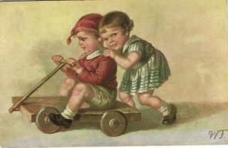Fialkowska Little Girl Pushing Boy On Cart Artist Signed Postcard