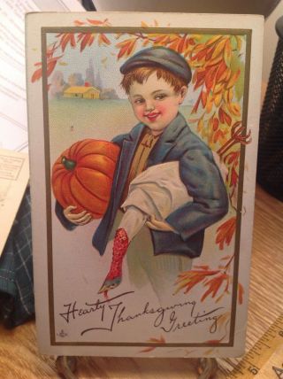Vintage Thanksgiving Postcard Boy Carrying Pumpkin & Wrapped Turkey