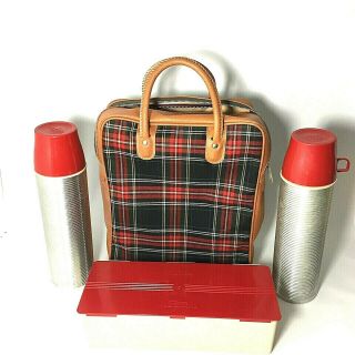 Vintage Plaid Picnic Lunch Kit 2 Metal Thermos Lunch Box Carry Case Tote 1950s