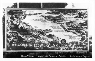 Rppc Lower Lake,  Ca Lake County Map Directional Sign Ca 1940s Vintage Postcard