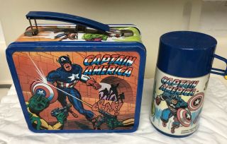 Vintage Captain America Spider - Man Incredible Hulk Metal Lunchbox With Thermos