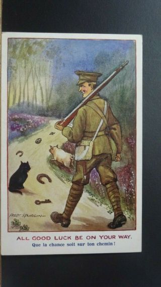 Ww1 Fred Spurgin Comic Postcard: Swastika,  Lucky Black Cat & Soldier Theme