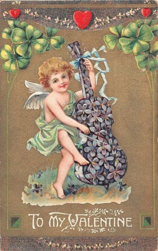 Hearts & 4 - Leaf Clovers By Cupid Playing A Cello Made Of Violets - 1912 Valentine