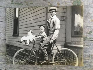 1910’s Classic Americana Photo Young Man & Two Kids On One Bike Mansfield Ohio 2