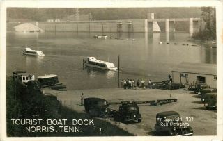 37.  Tourist Boat Dock,  Norris,  Tn Real Photo Postcard.  Old Cars