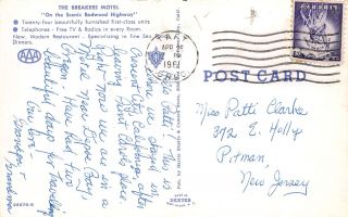 Q23 - 1158,  THE BREAKERS MOTEL,  ON THE SCENIC REDWOOD HWY,  ORE. ,  POSTCARD. 2
