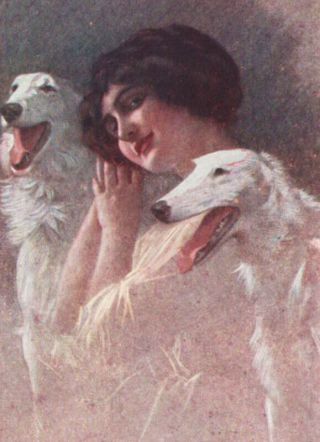 A/s Guerzoni Art Deco Glamour Lady & Borzoi Dogs Russian Wolfhound