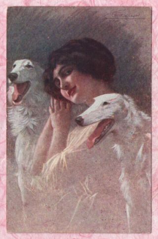 A/S GUERZONI ART DECO GLAMOUR LADY & BORZOI DOGS Russian Wolfhound 3