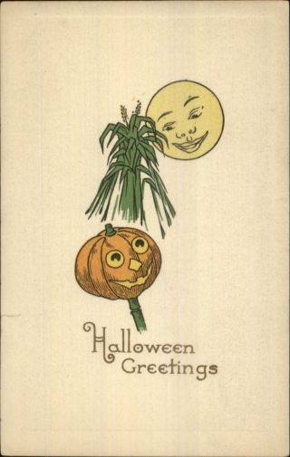 Halloween Pumpkin Face Man In The Moon Gibson C1910 Postcard