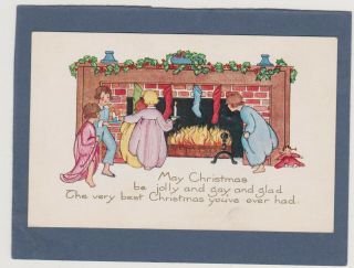 Vintage Charming Children - Christmas Eve - Hanging Stockings - Decorated Fireplace