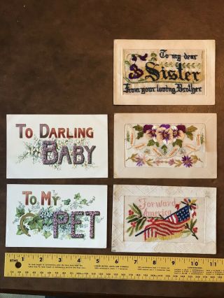 5 Antique Postcards: 3 Are Embroidered; Pet; Baby; America Patriotic