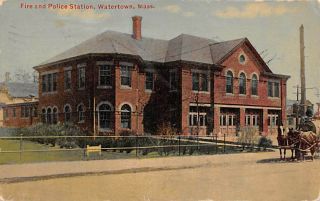 Watertown,  Massachusetts Fire & Police Station Vintage Postcard