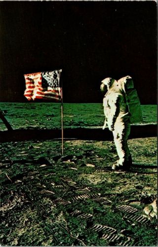 Postcard Astronaut Buzz Aldrin Flag Deploy Nasa John F Kennedy Space Center E - 45