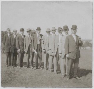 Old Photo Group Of Men In Line Wearing Suits And Hats 1910s