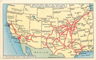 Linen Postcard; Santa Fe Railroad Map Of Western Us,  X Marks Sender 