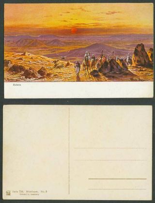 Egypt F.  Perlberg Artist Signed Old Postcard Sahara Desert Camels Caravan Sunset