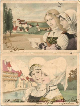 2 Middle Age Women Postcards.  Write In 1904.  M.  M.  Vienne.