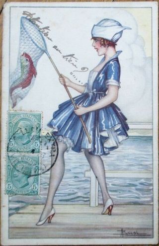 Art Deco,  Artist - Signed 1918 Italian Postcard: Woman W/fish In Net,  Fishing
