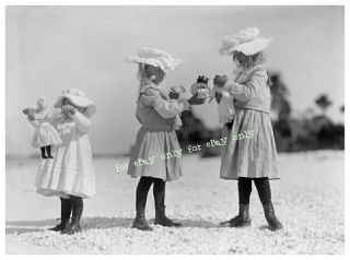 4x6 Photo Print Of Cute Little Girls On Beach With Dolls Edwardian Dress Fashion