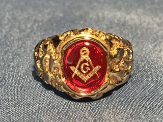 Masonic Lodge Ring Red Oval Stone 18k Hge Gold Nugget Style Size 9 Made In Usa