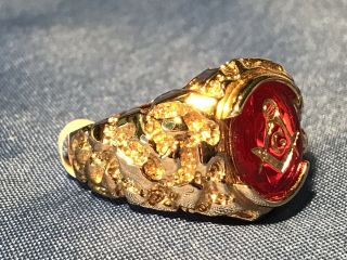 MASONIC LODGE RING RED OVAL STONE 18K HGE GOLD NUGGET STYLE SIZE 9 MADE IN USA 6