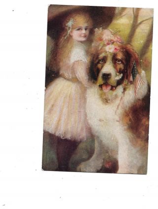 Antique Postcard,  Girl With Huge Dog,  Flag,  Flowers,  Maud Humphrey Style