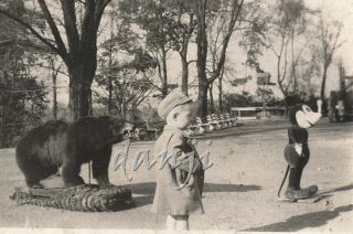 Little Boy At Park With Big Stuffed Toy Mickey Mouse,  Taxidermy Bear Old Photo