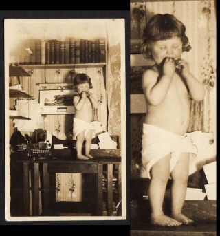 Baggy Diaper Baby Stands Dangerously On Typewriter Desk 1900s Vintage Photo