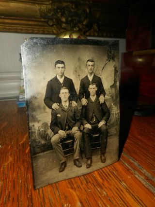 Antique Tintype Photo 4 Young Men,  Sitting & Standing In Suits,  Tinted