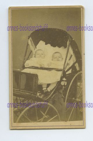 Studio Photo Cdv Twin Babies In Carriage Names Ina,  Mina Stranoky? (sp)