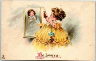 Vintage Halloween Postcard Girl W/ Candle Looking In Mirror Tuck 