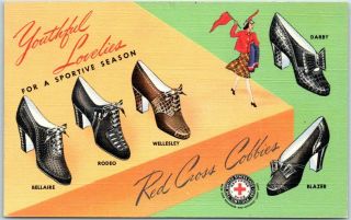 1940s Red Cross Shoes Advertising Postcard " Youthful Lovelies " Curteich Linen
