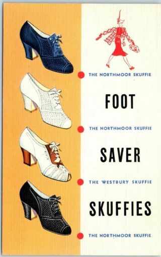 Vintage Advertising Postcard " Foot Saver Skuffies " Shoes Curteich Linen 1938